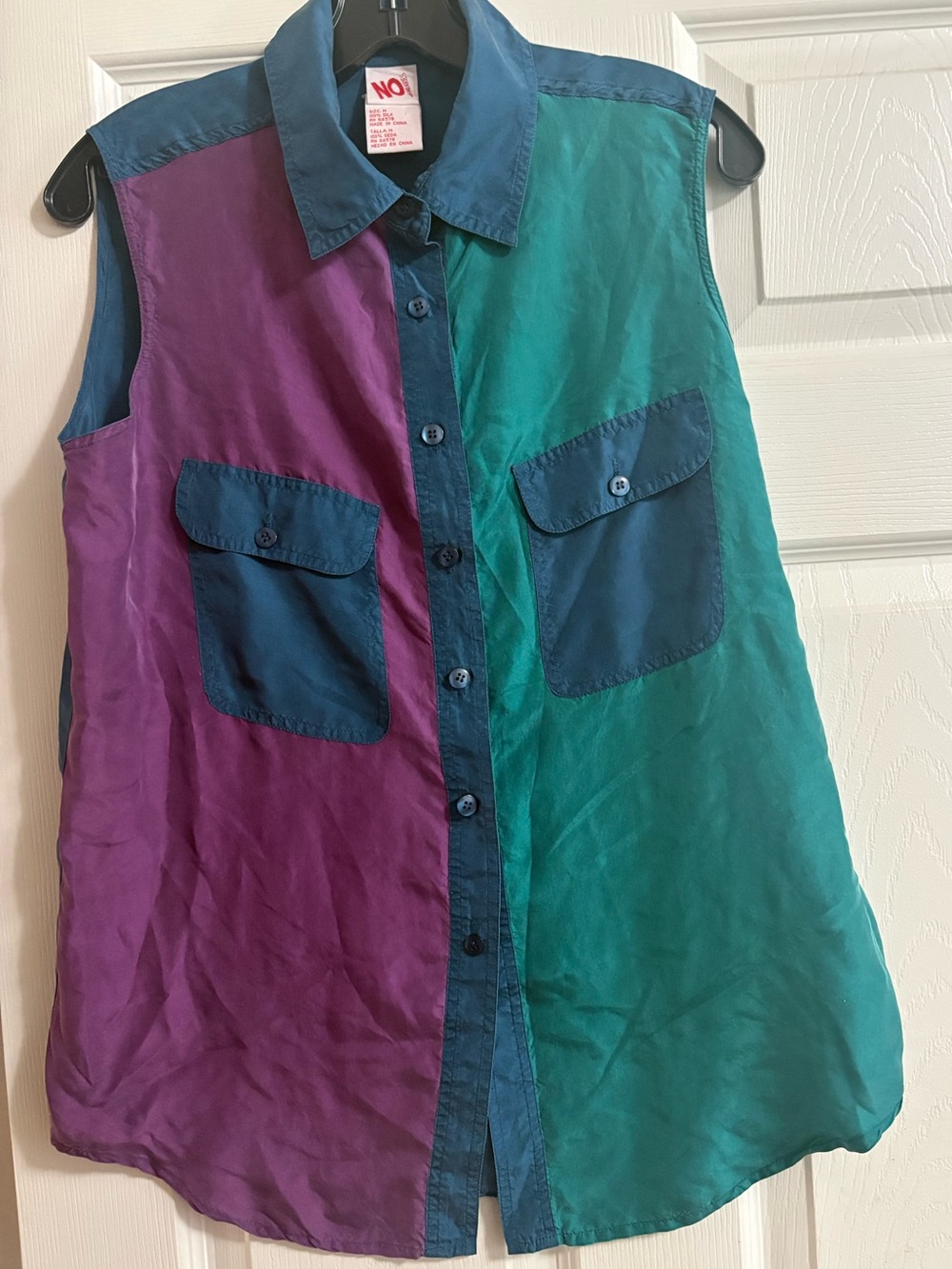 100% silk vintage collared sleeveless button up shirt colorblock retro M